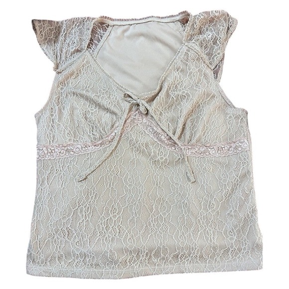 Lace Fitted Blouse Cap Sleeves Stretchy Fall Beige MEDIUM‎ - Picture 5 of 8